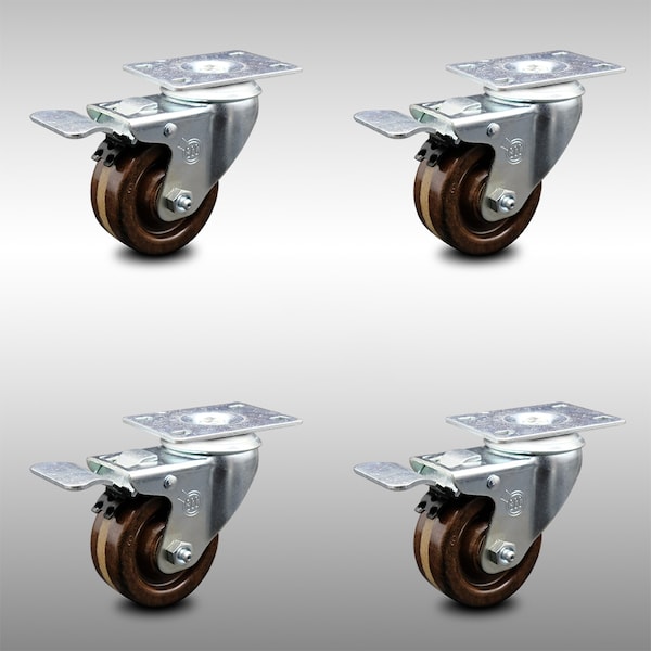 3 Inch SS High Temp Phenolic Top Plate Caster Set Total Lock Brake SCC
